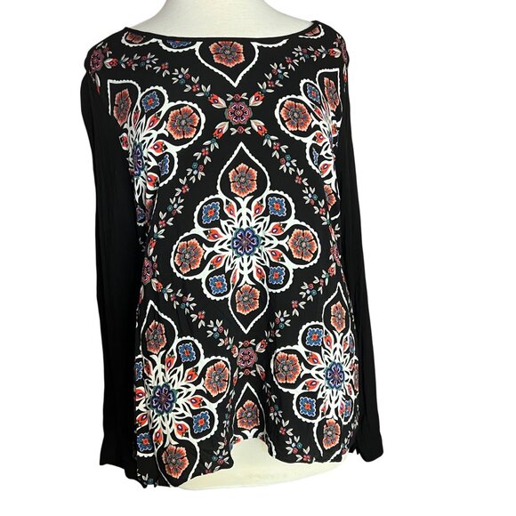 Old Navy Women Long Sleeve Blouse Folk Art Print Large 100% Rayon Office Casual - Picture 2 of 16